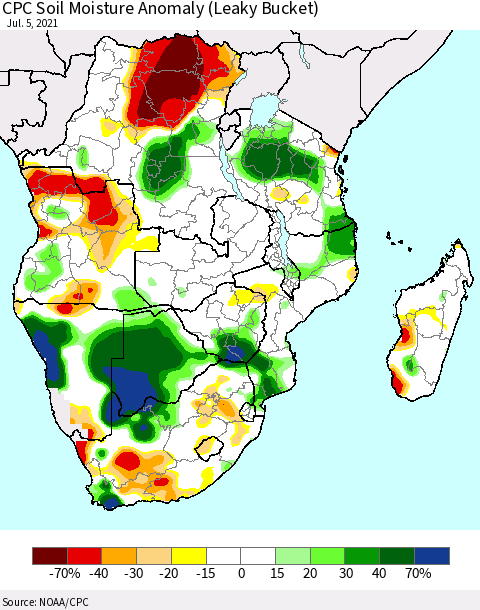 Southern Africa CPC Soil Moisture Anomaly (Leaky Bucket) Thematic Map For 7/1/2021 - 7/5/2021