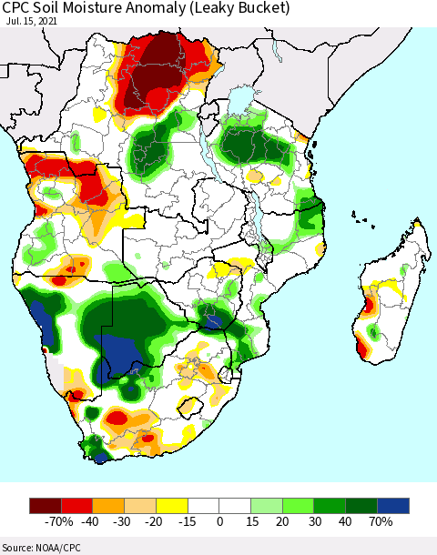 Southern Africa CPC Soil Moisture Anomaly (Leaky Bucket) Thematic Map For 7/11/2021 - 7/15/2021