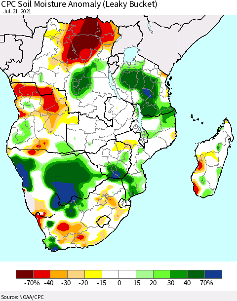 Southern Africa CPC Soil Moisture Anomaly (Leaky Bucket) Thematic Map For 7/26/2021 - 7/31/2021