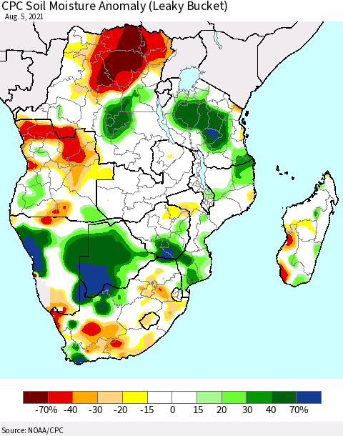 Southern Africa CPC Soil Moisture Anomaly (Leaky Bucket) Thematic Map For 8/1/2021 - 8/5/2021