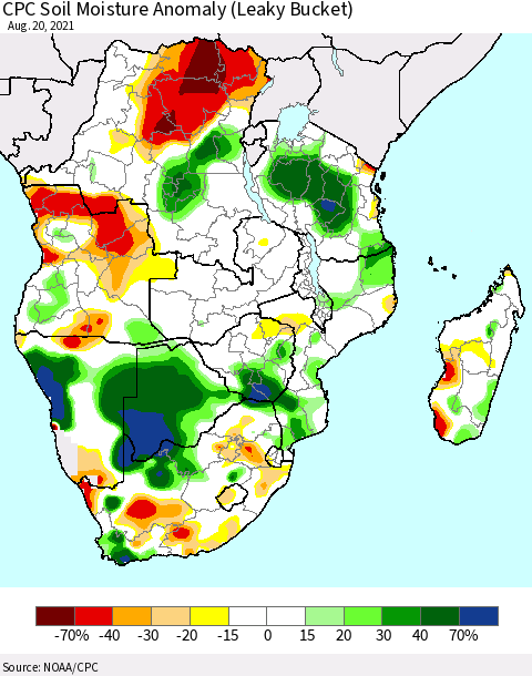Southern Africa CPC Soil Moisture Anomaly (Leaky Bucket) Thematic Map For 8/16/2021 - 8/20/2021