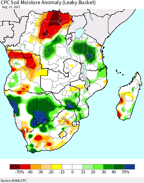 Southern Africa CPC Soil Moisture Anomaly (Leaky Bucket) Thematic Map For 8/21/2021 - 8/25/2021