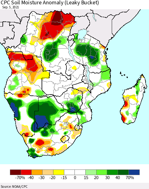 Southern Africa CPC Soil Moisture Anomaly (Leaky Bucket) Thematic Map For 9/1/2021 - 9/5/2021