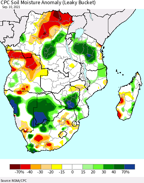 Southern Africa CPC Soil Moisture Anomaly (Leaky Bucket) Thematic Map For 9/6/2021 - 9/10/2021
