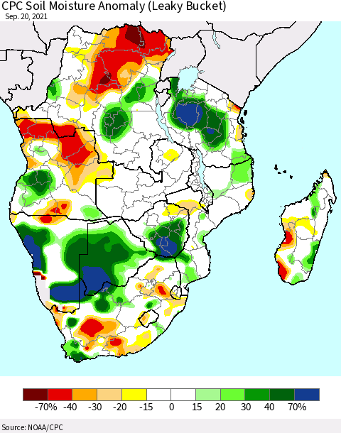 Southern Africa CPC Soil Moisture Anomaly (Leaky Bucket) Thematic Map For 9/16/2021 - 9/20/2021