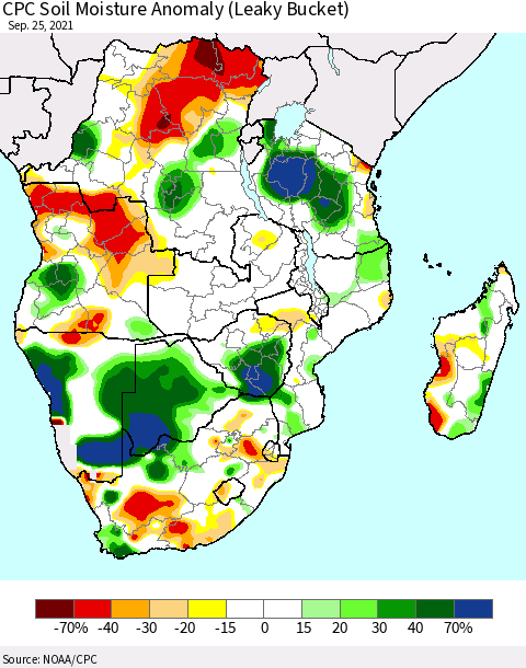 Southern Africa CPC Soil Moisture Anomaly (Leaky Bucket) Thematic Map For 9/21/2021 - 9/25/2021