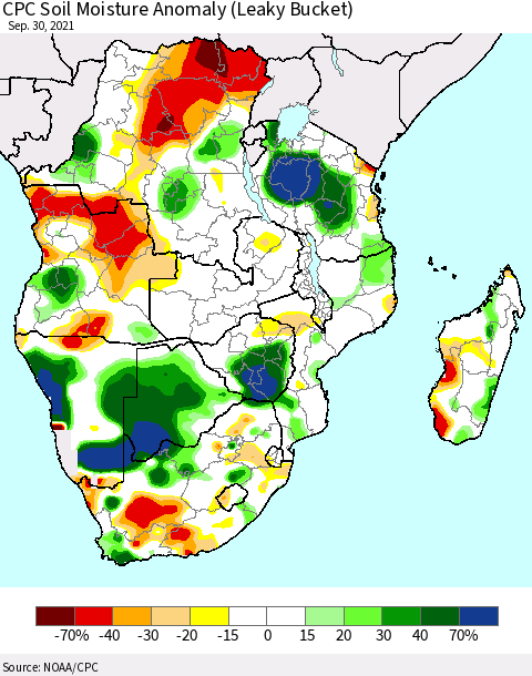 Southern Africa CPC Soil Moisture Anomaly (Leaky Bucket) Thematic Map For 9/26/2021 - 9/30/2021