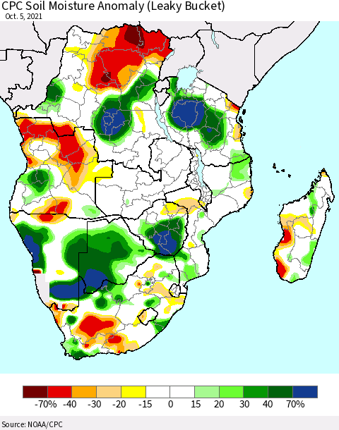 Southern Africa CPC Soil Moisture Anomaly (Leaky Bucket) Thematic Map For 10/1/2021 - 10/5/2021