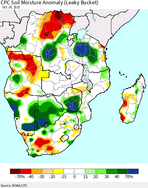 Southern Africa CPC Soil Moisture Anomaly (Leaky Bucket) Thematic Map For 10/6/2021 - 10/10/2021