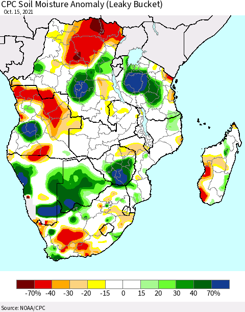 Southern Africa CPC Soil Moisture Anomaly (Leaky Bucket) Thematic Map For 10/11/2021 - 10/15/2021