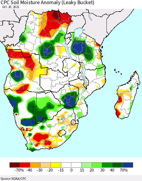 Southern Africa CPC Soil Moisture Anomaly (Leaky Bucket) Thematic Map For 10/16/2021 - 10/20/2021
