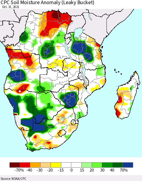 Southern Africa CPC Soil Moisture Anomaly (Leaky Bucket) Thematic Map For 10/26/2021 - 10/31/2021