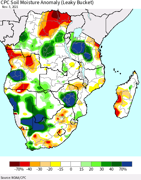 Southern Africa CPC Soil Moisture Anomaly (Leaky Bucket) Thematic Map For 11/1/2021 - 11/5/2021