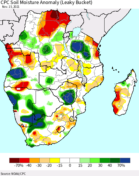 Southern Africa CPC Soil Moisture Anomaly (Leaky Bucket) Thematic Map For 11/11/2021 - 11/15/2021