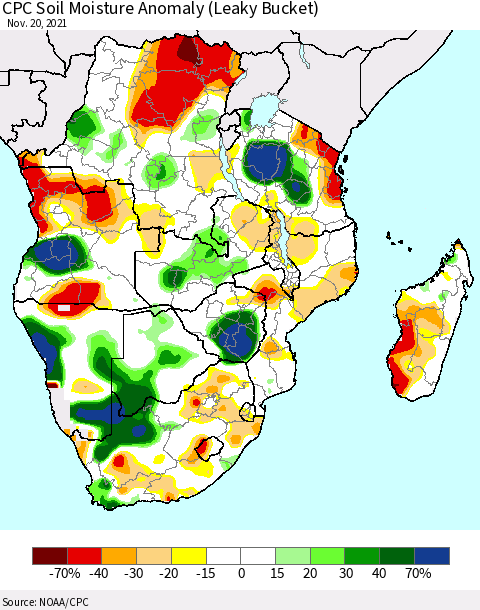 Southern Africa CPC Soil Moisture Anomaly (Leaky Bucket) Thematic Map For 11/16/2021 - 11/20/2021
