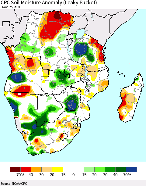Southern Africa CPC Soil Moisture Anomaly (Leaky Bucket) Thematic Map For 11/21/2021 - 11/25/2021