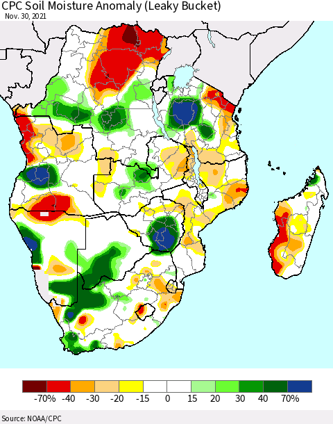 Southern Africa CPC Soil Moisture Anomaly (Leaky Bucket) Thematic Map For 11/26/2021 - 11/30/2021