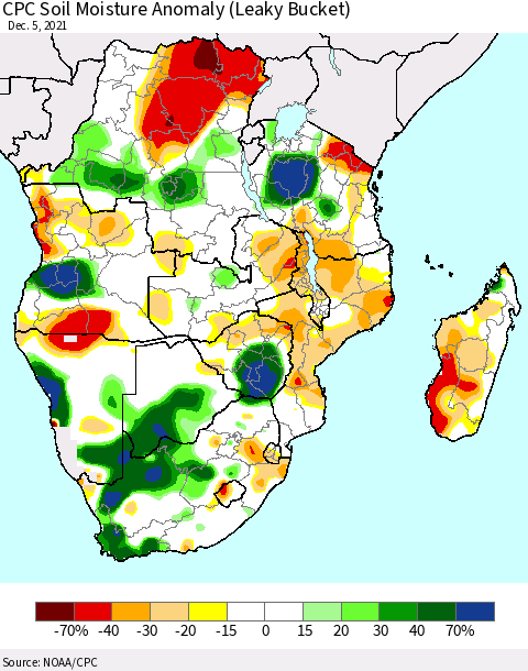 Southern Africa CPC Soil Moisture Anomaly (Leaky Bucket) Thematic Map For 12/1/2021 - 12/5/2021