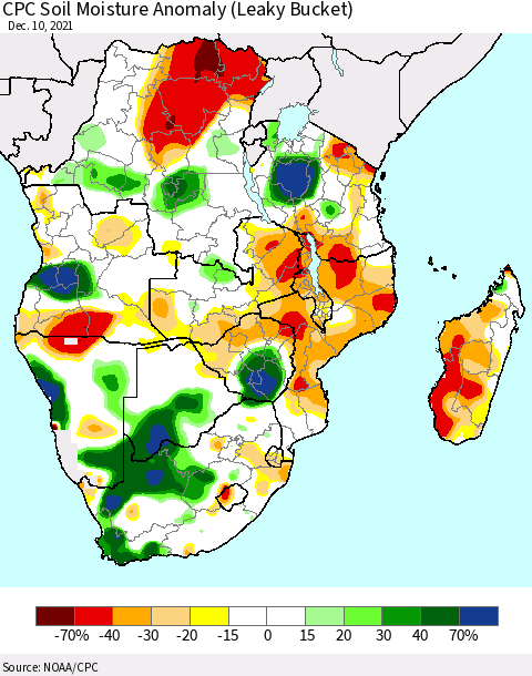 Southern Africa CPC Soil Moisture Anomaly (Leaky Bucket) Thematic Map For 12/6/2021 - 12/10/2021
