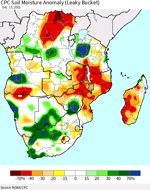 Southern Africa CPC Soil Moisture Anomaly (Leaky Bucket) Thematic Map For 12/11/2021 - 12/15/2021