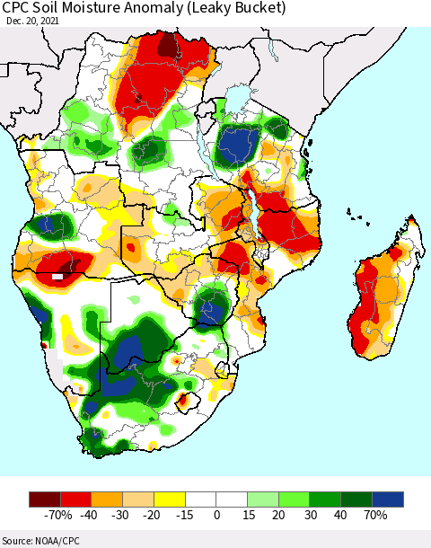 Southern Africa CPC Soil Moisture Anomaly (Leaky Bucket) Thematic Map For 12/16/2021 - 12/20/2021
