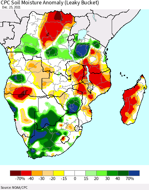 Southern Africa CPC Soil Moisture Anomaly (Leaky Bucket) Thematic Map For 12/21/2021 - 12/25/2021