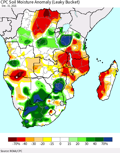Southern Africa CPC Soil Moisture Anomaly (Leaky Bucket) Thematic Map For 12/26/2021 - 12/31/2021