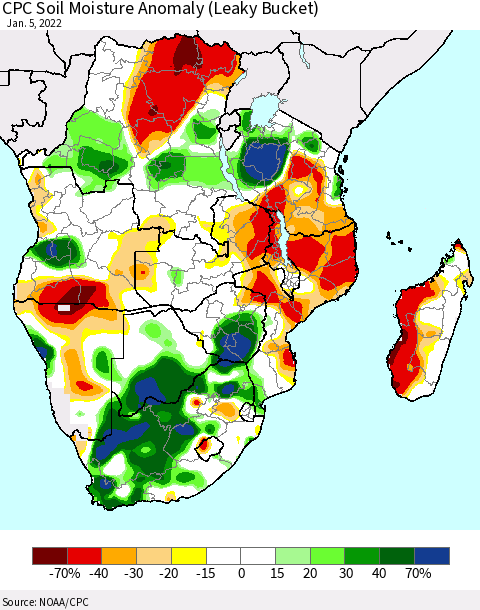 Southern Africa CPC Soil Moisture Anomaly (Leaky Bucket) Thematic Map For 1/1/2022 - 1/5/2022
