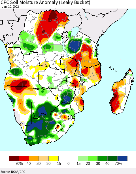 Southern Africa CPC Soil Moisture Anomaly (Leaky Bucket) Thematic Map For 1/6/2022 - 1/10/2022