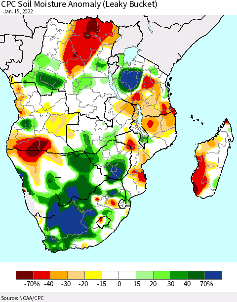 Southern Africa CPC Soil Moisture Anomaly (Leaky Bucket) Thematic Map For 1/11/2022 - 1/15/2022