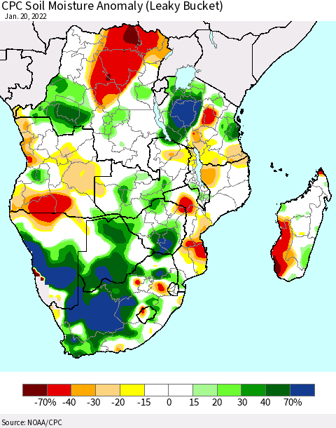Southern Africa CPC Soil Moisture Anomaly (Leaky Bucket) Thematic Map For 1/16/2022 - 1/20/2022