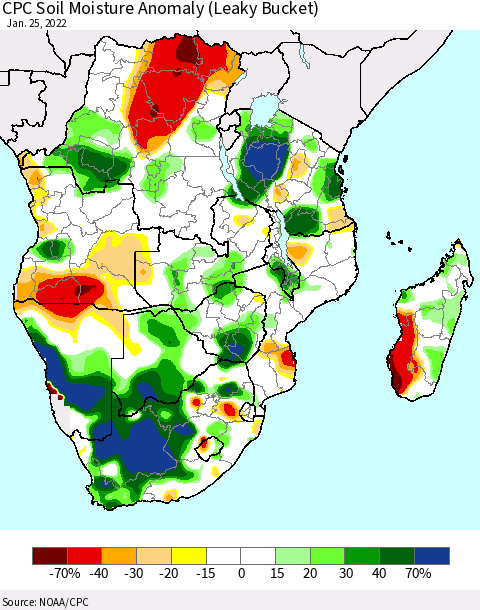Southern Africa CPC Soil Moisture Anomaly (Leaky Bucket) Thematic Map For 1/21/2022 - 1/25/2022