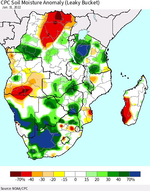 Southern Africa CPC Soil Moisture Anomaly (Leaky Bucket) Thematic Map For 1/26/2022 - 1/31/2022