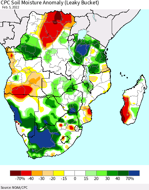 Southern Africa CPC Soil Moisture Anomaly (Leaky Bucket) Thematic Map For 2/1/2022 - 2/5/2022
