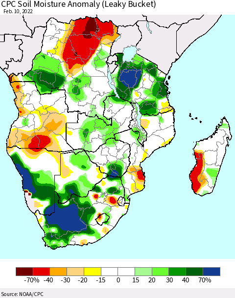 Southern Africa CPC Soil Moisture Anomaly (Leaky Bucket) Thematic Map For 2/6/2022 - 2/10/2022