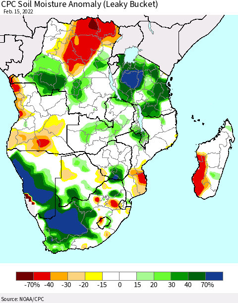 Southern Africa CPC Soil Moisture Anomaly (Leaky Bucket) Thematic Map For 2/11/2022 - 2/15/2022