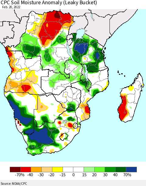 Southern Africa CPC Soil Moisture Anomaly (Leaky Bucket) Thematic Map For 2/16/2022 - 2/20/2022
