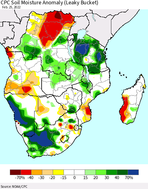 Southern Africa CPC Soil Moisture Anomaly (Leaky Bucket) Thematic Map For 2/21/2022 - 2/25/2022