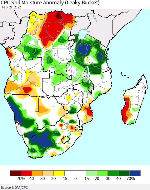 Southern Africa CPC Soil Moisture Anomaly (Leaky Bucket) Thematic Map For 2/26/2022 - 2/28/2022