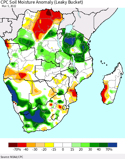 Southern Africa CPC Soil Moisture Anomaly (Leaky Bucket) Thematic Map For 3/1/2022 - 3/5/2022