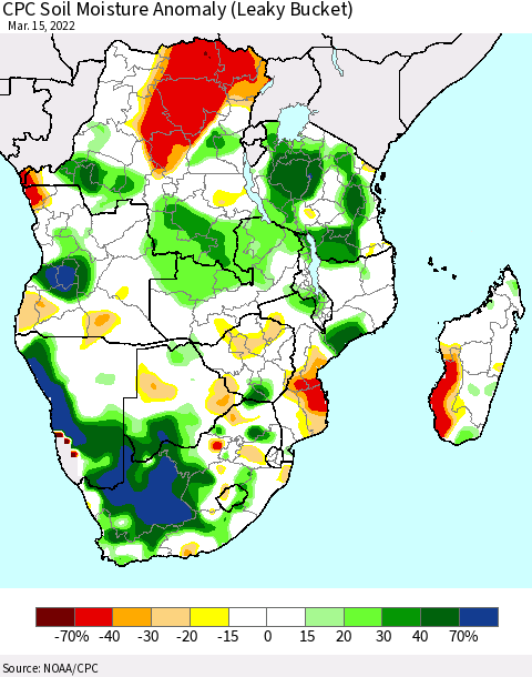 Southern Africa CPC Soil Moisture Anomaly (Leaky Bucket) Thematic Map For 3/11/2022 - 3/15/2022