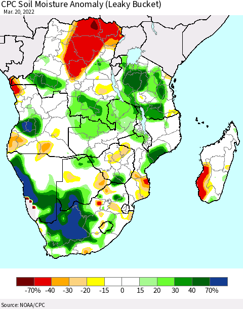 Southern Africa CPC Soil Moisture Anomaly (Leaky Bucket) Thematic Map For 3/16/2022 - 3/20/2022