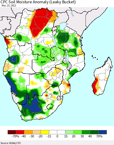 Southern Africa CPC Soil Moisture Anomaly (Leaky Bucket) Thematic Map For 3/21/2022 - 3/25/2022