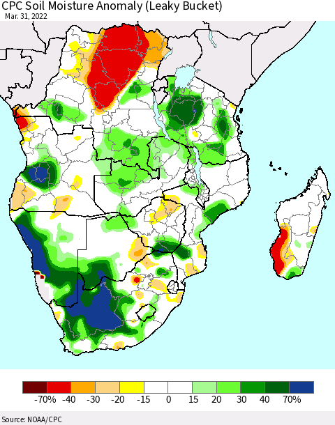 Southern Africa CPC Soil Moisture Anomaly (Leaky Bucket) Thematic Map For 3/26/2022 - 3/31/2022