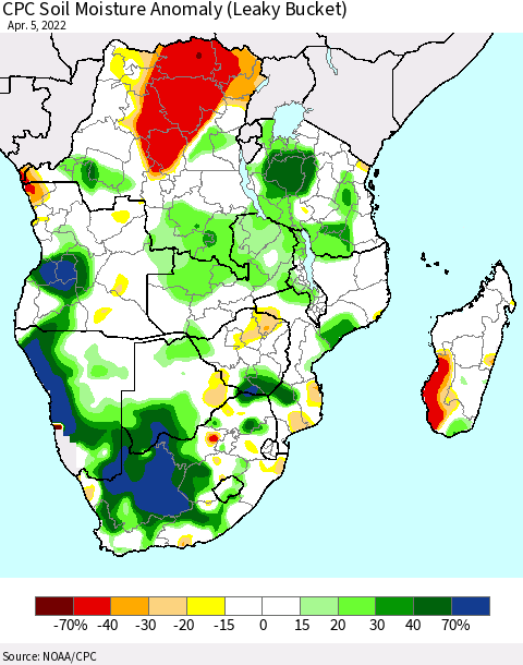 Southern Africa CPC Soil Moisture Anomaly (Leaky Bucket) Thematic Map For 4/1/2022 - 4/5/2022