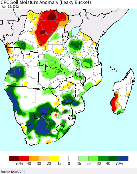 Southern Africa CPC Soil Moisture Anomaly (Leaky Bucket) Thematic Map For 4/11/2022 - 4/15/2022
