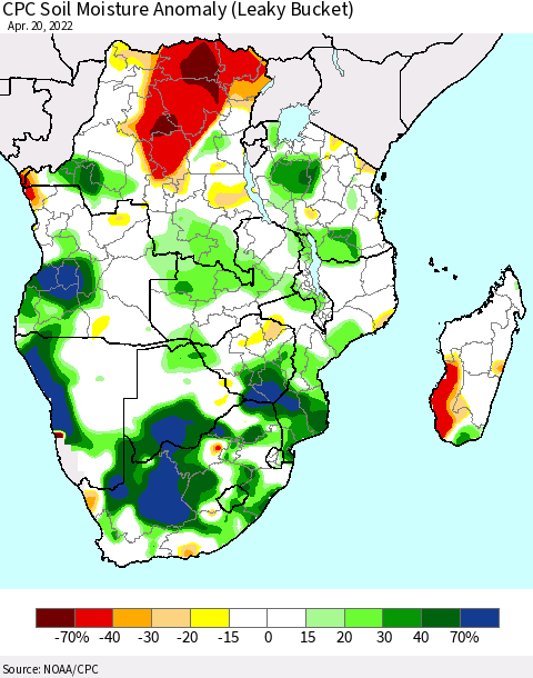 Southern Africa CPC Soil Moisture Anomaly (Leaky Bucket) Thematic Map For 4/16/2022 - 4/20/2022