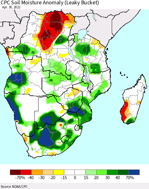 Southern Africa CPC Soil Moisture Anomaly (Leaky Bucket) Thematic Map For 4/26/2022 - 4/30/2022