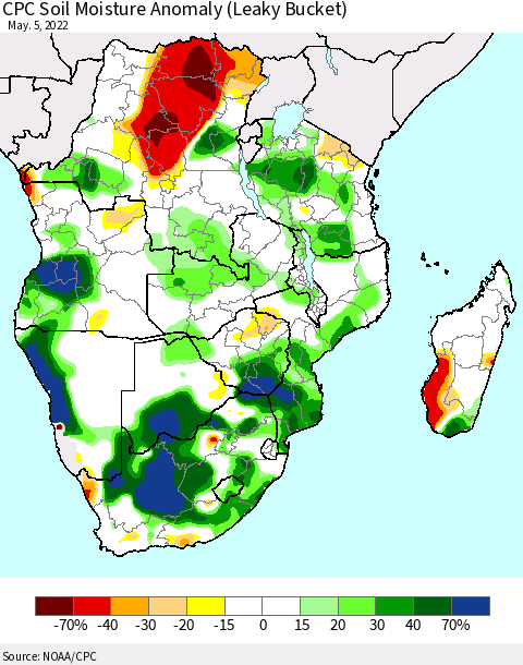 Southern Africa CPC Soil Moisture Anomaly (Leaky Bucket) Thematic Map For 5/1/2022 - 5/5/2022