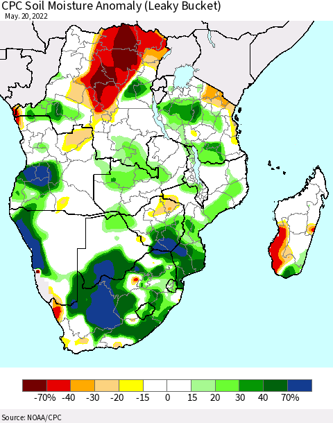 Southern Africa CPC Soil Moisture Anomaly (Leaky Bucket) Thematic Map For 5/16/2022 - 5/20/2022